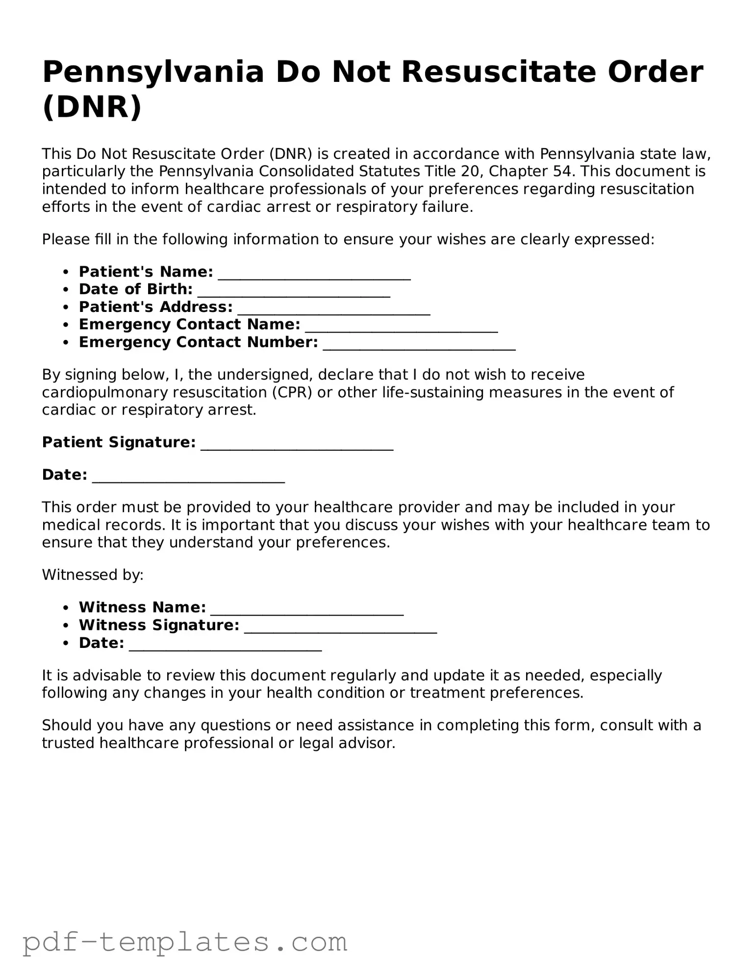 Official Do Not Resuscitate Order Template for Pennsylvania State