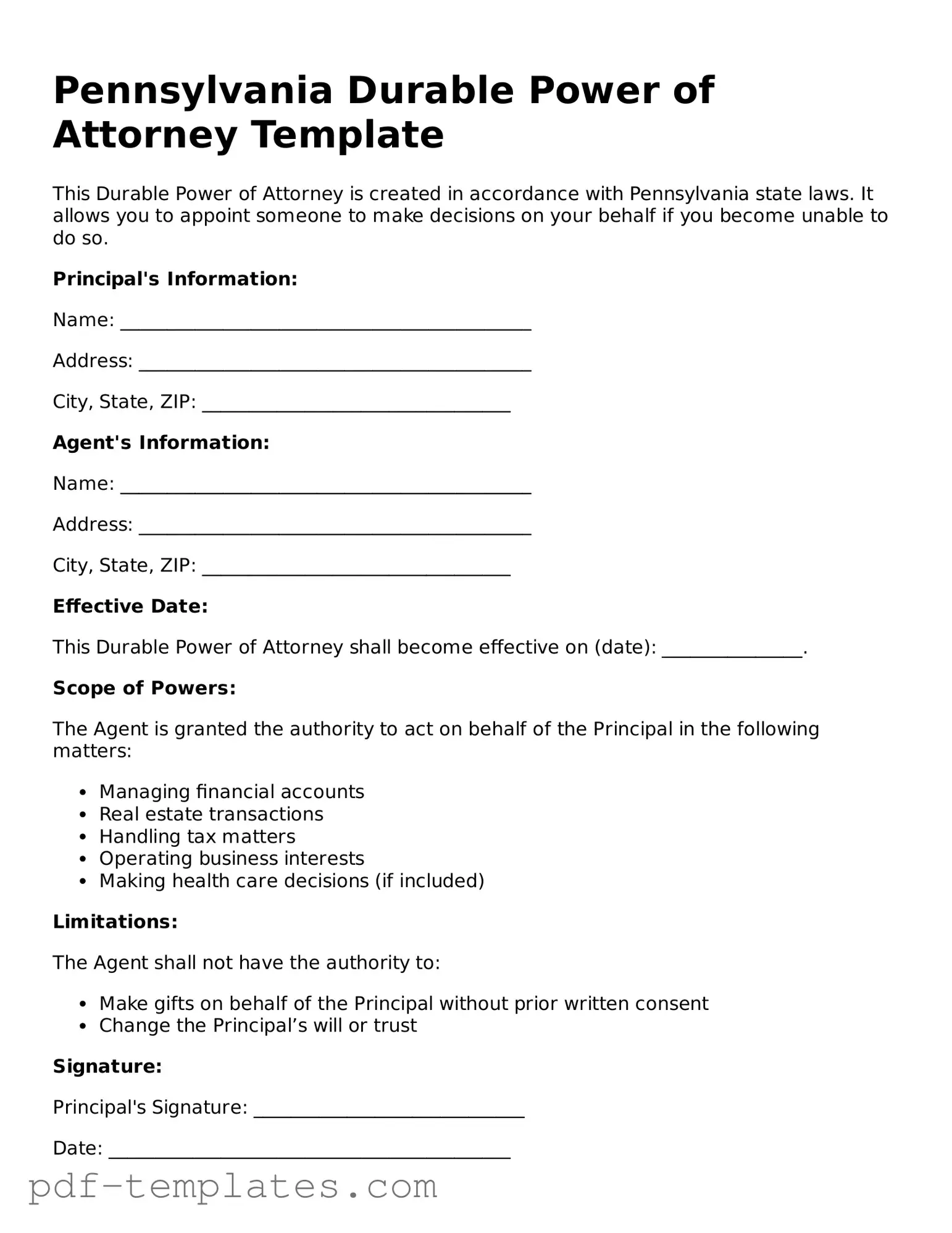 Official Durable Power of Attorney Template for Pennsylvania State