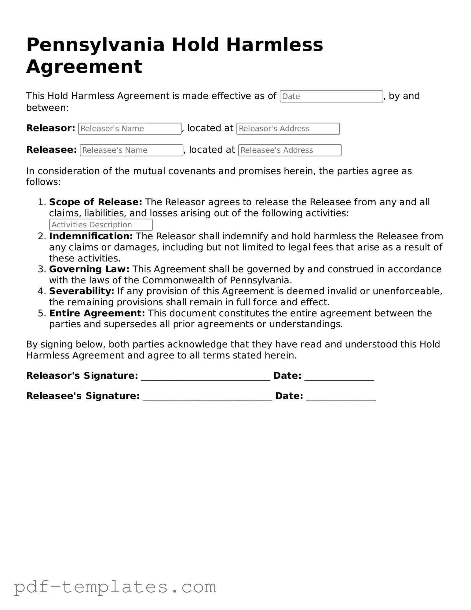 Official Hold Harmless Agreement Template for Pennsylvania State