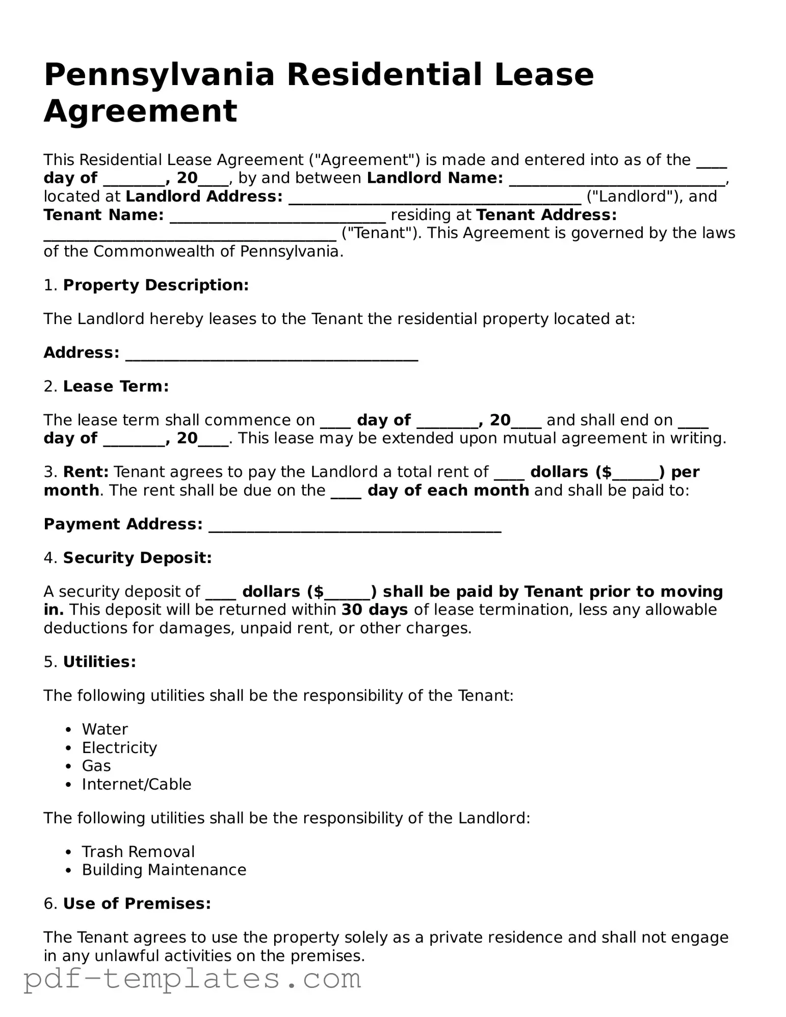 Official Residential Lease Agreement Template for Pennsylvania State
