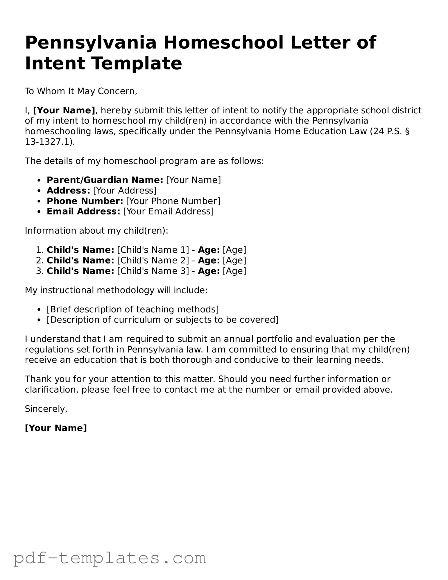 Official Homeschool Letter of Intent Template for Pennsylvania State