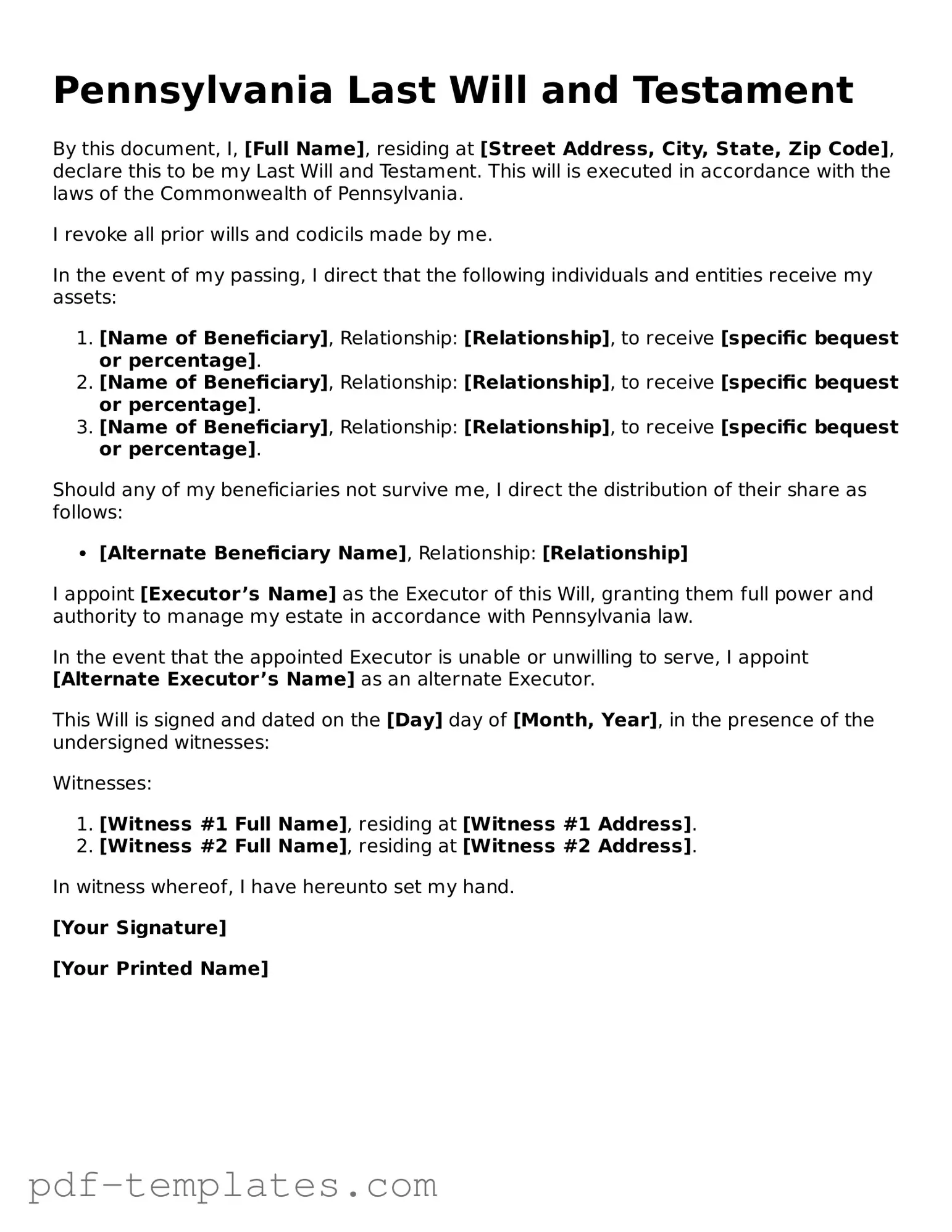 Official Last Will and Testament Template for Pennsylvania State
