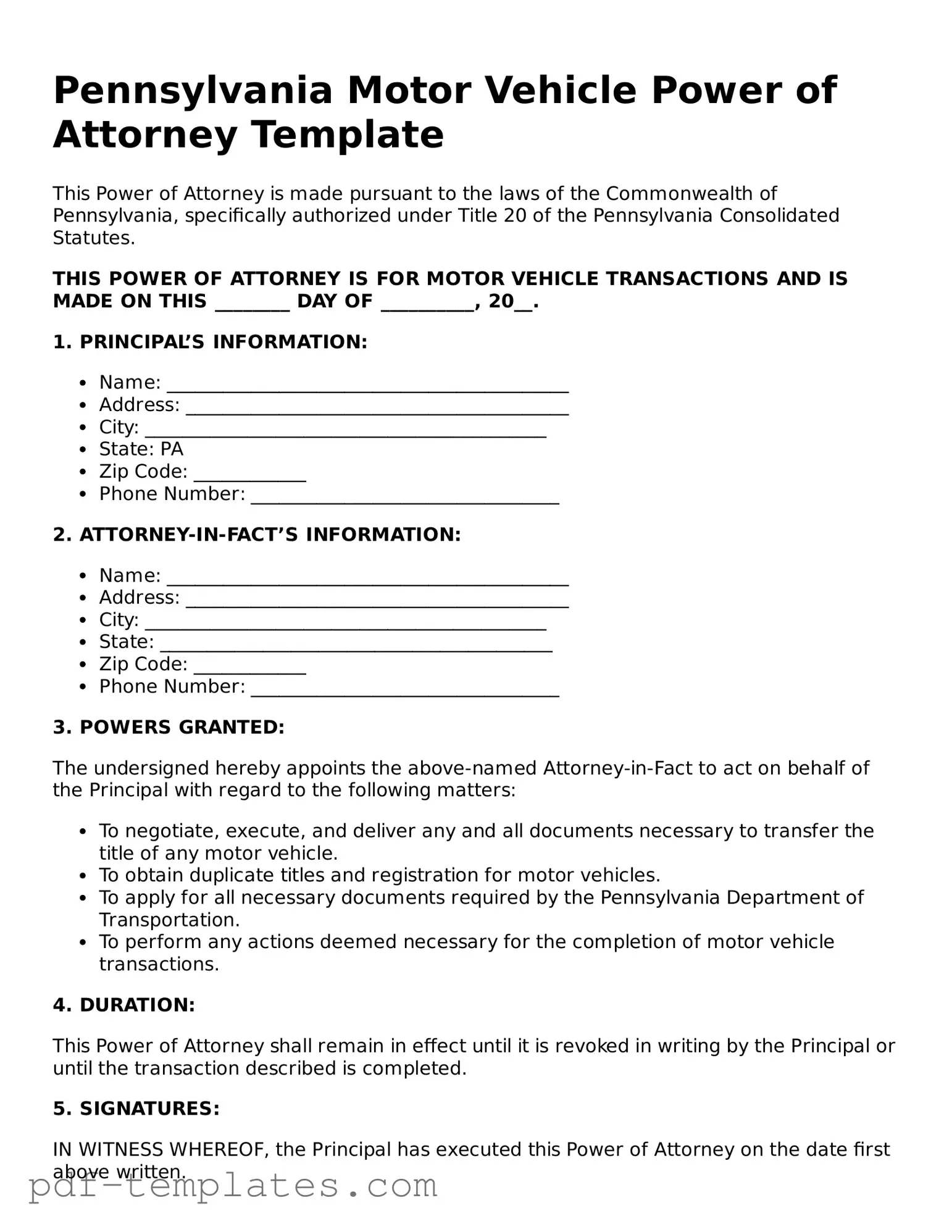 Official Motor Vehicle Power of Attorney Template for Pennsylvania State