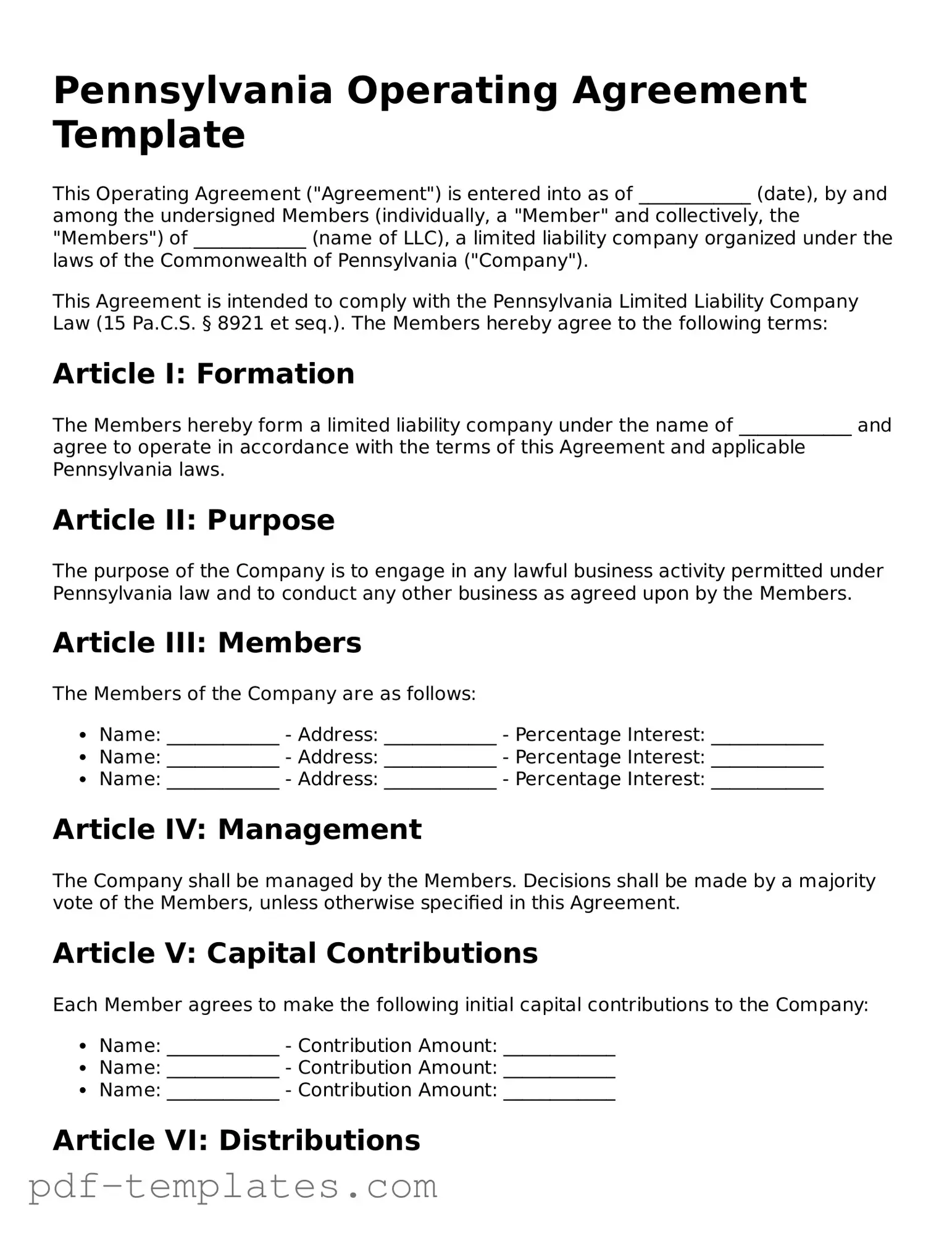 Official Operating Agreement Template for Pennsylvania State