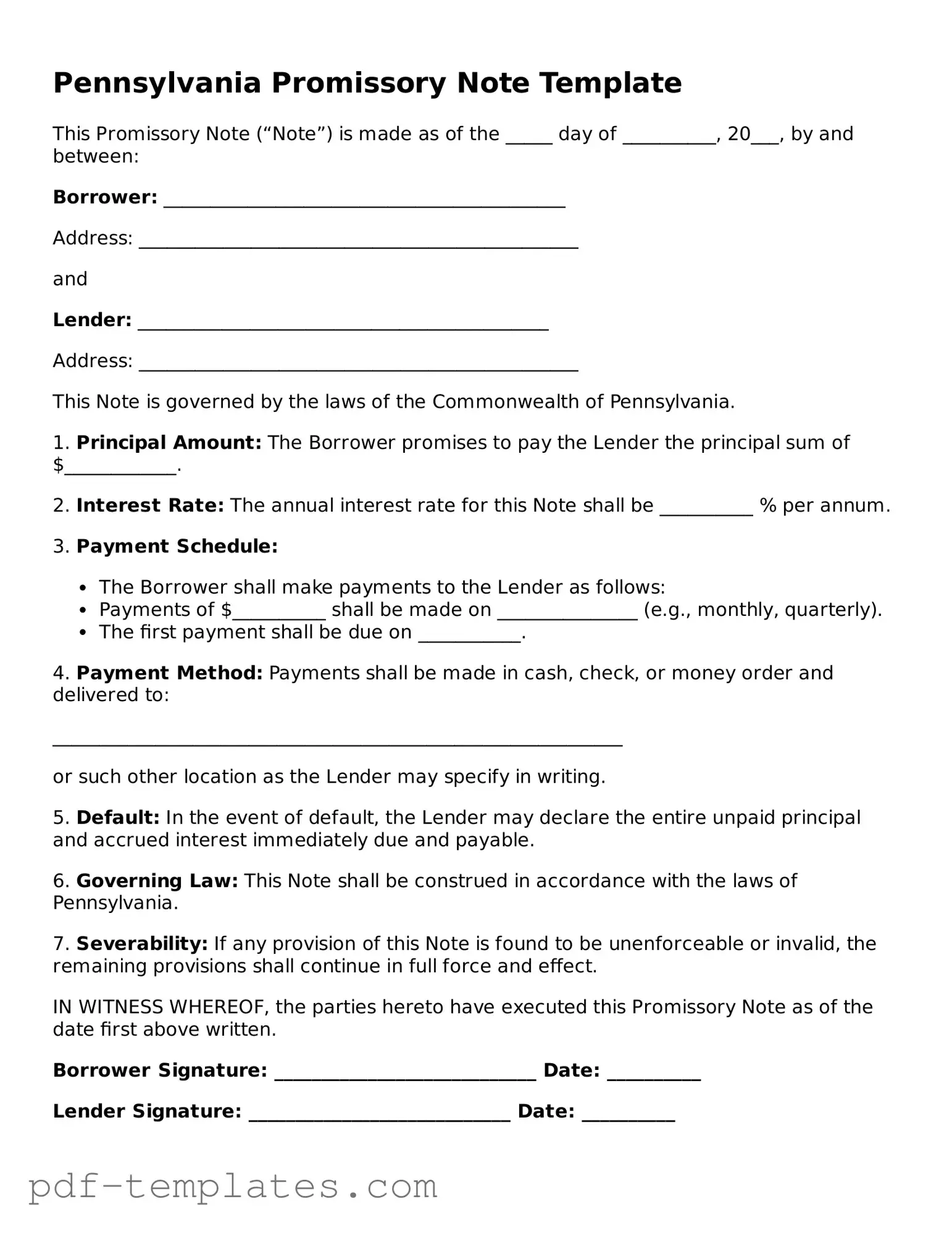 Official Promissory Note Template for Pennsylvania State