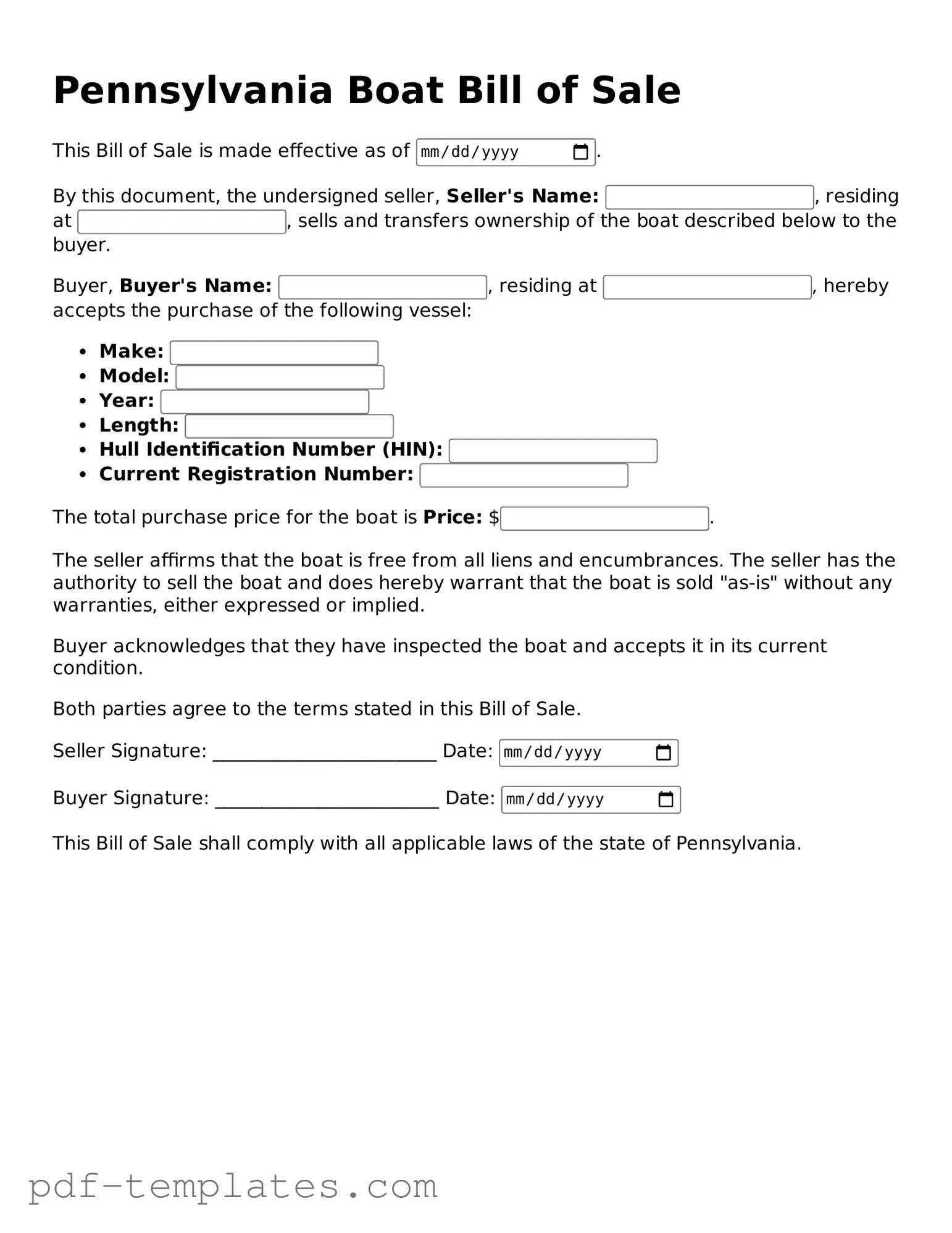 Official Boat Bill of Sale Template for Pennsylvania State