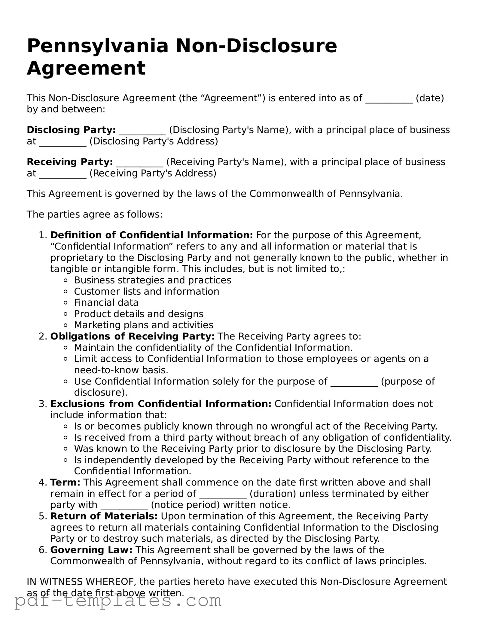 Official Non-disclosure Agreement Template for Pennsylvania State
