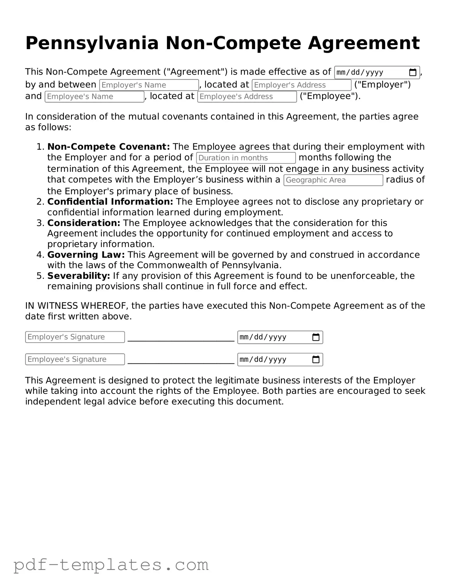 Official Non-compete Agreement Template for Pennsylvania State