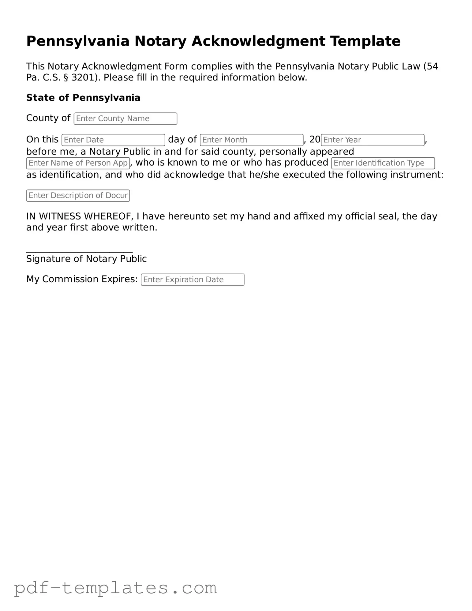 Official Notary Acknowledgement Template for Pennsylvania State