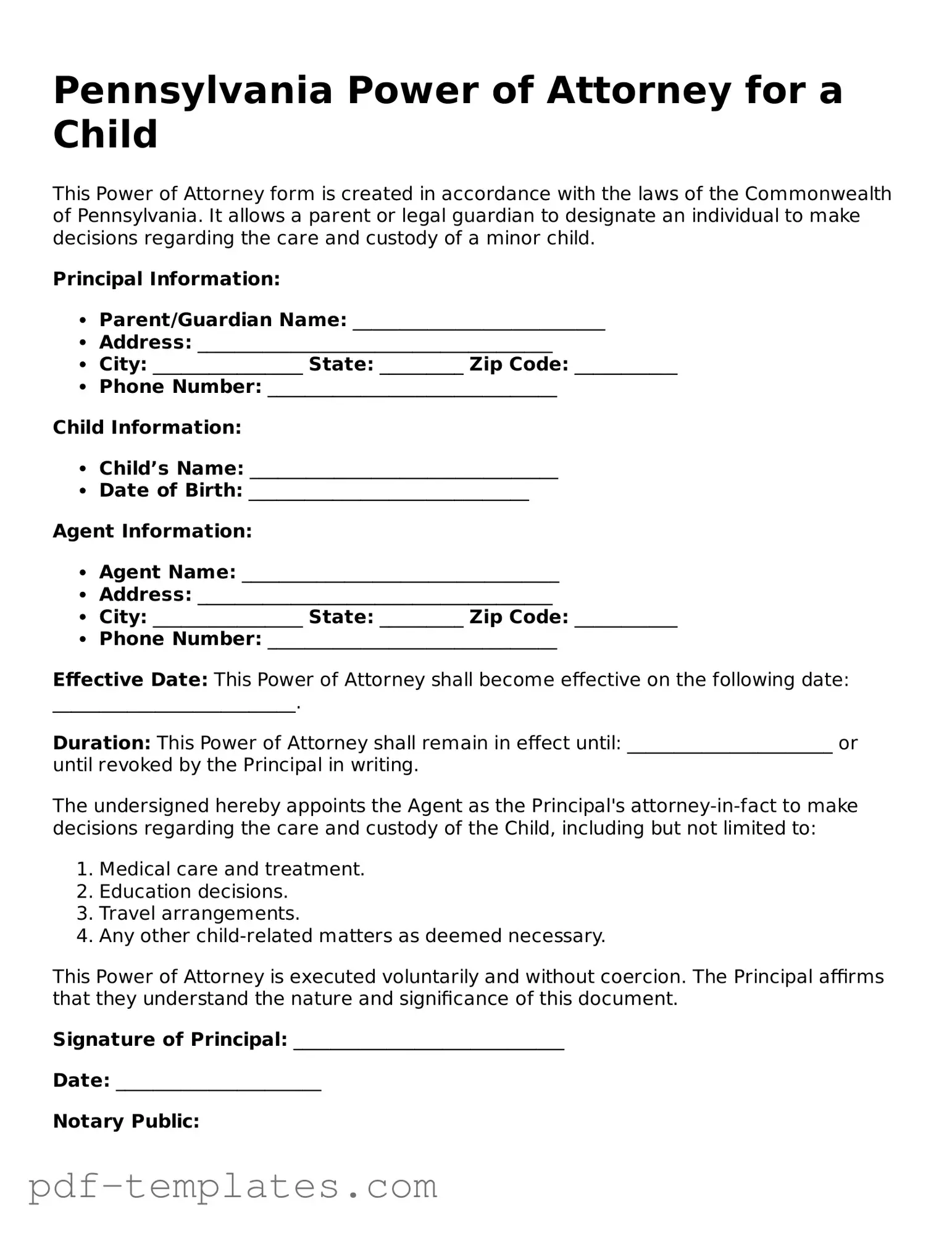 Official Power of Attorney for a Child Template for Pennsylvania State