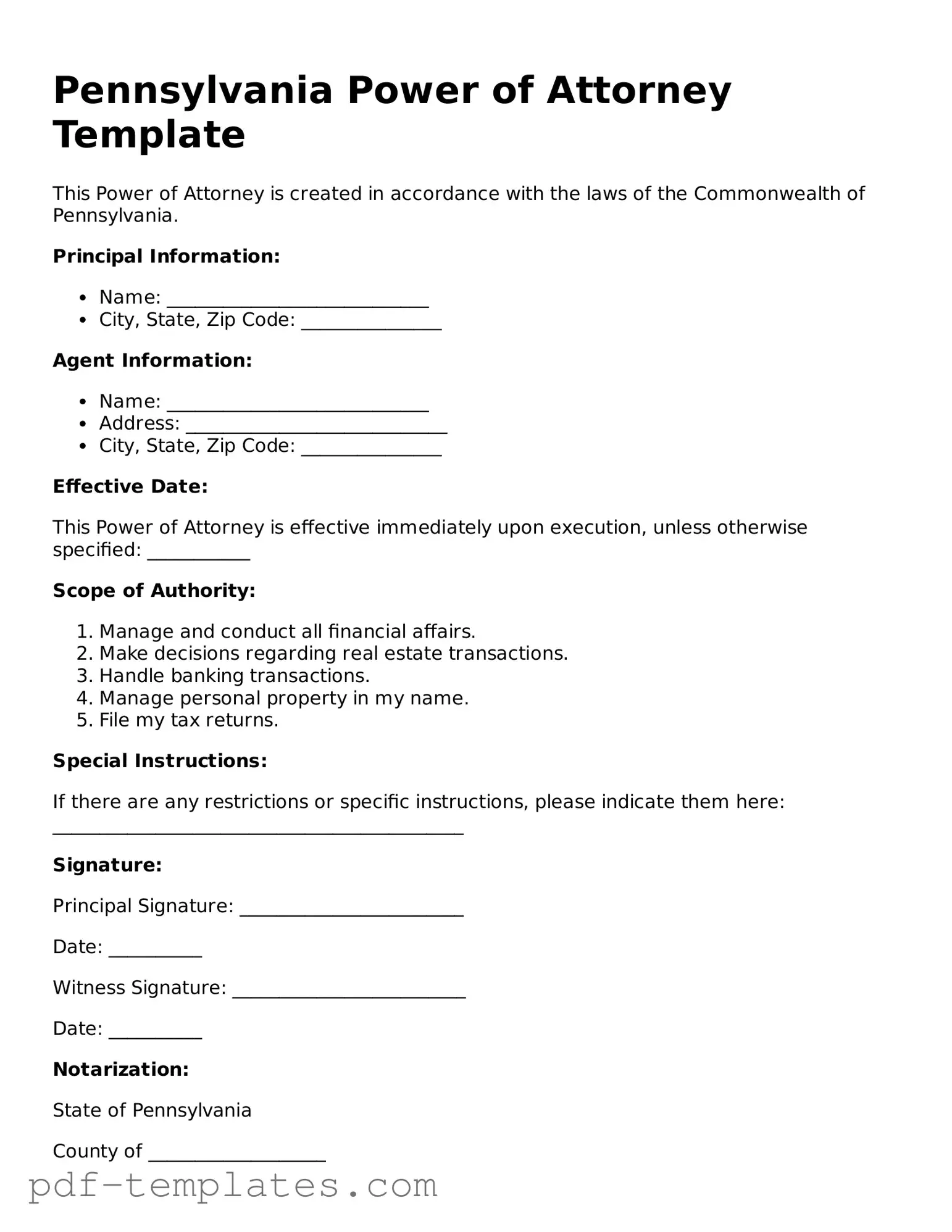 Official Power of Attorney Template for Pennsylvania State