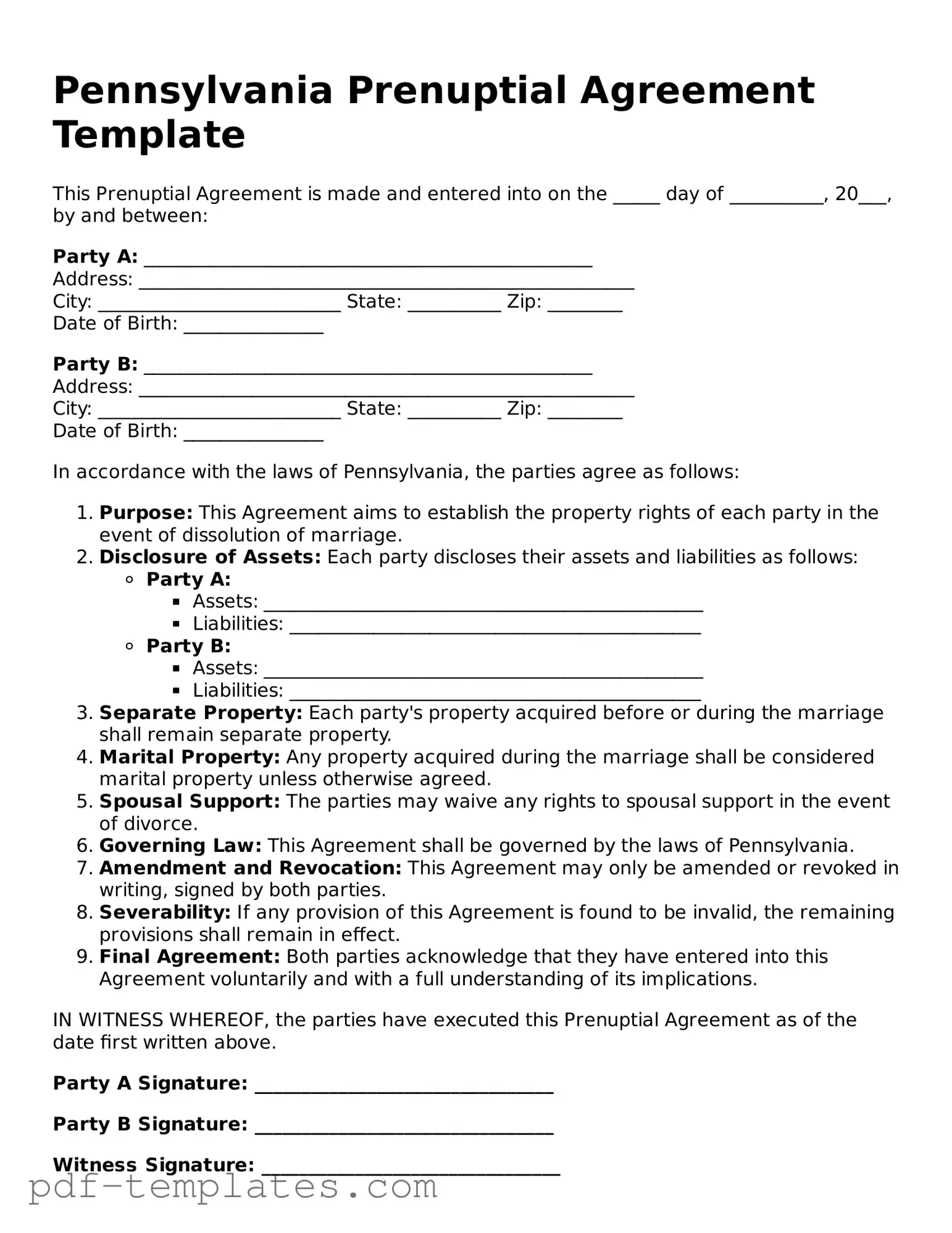 Official Prenuptial Agreement Template for Pennsylvania State