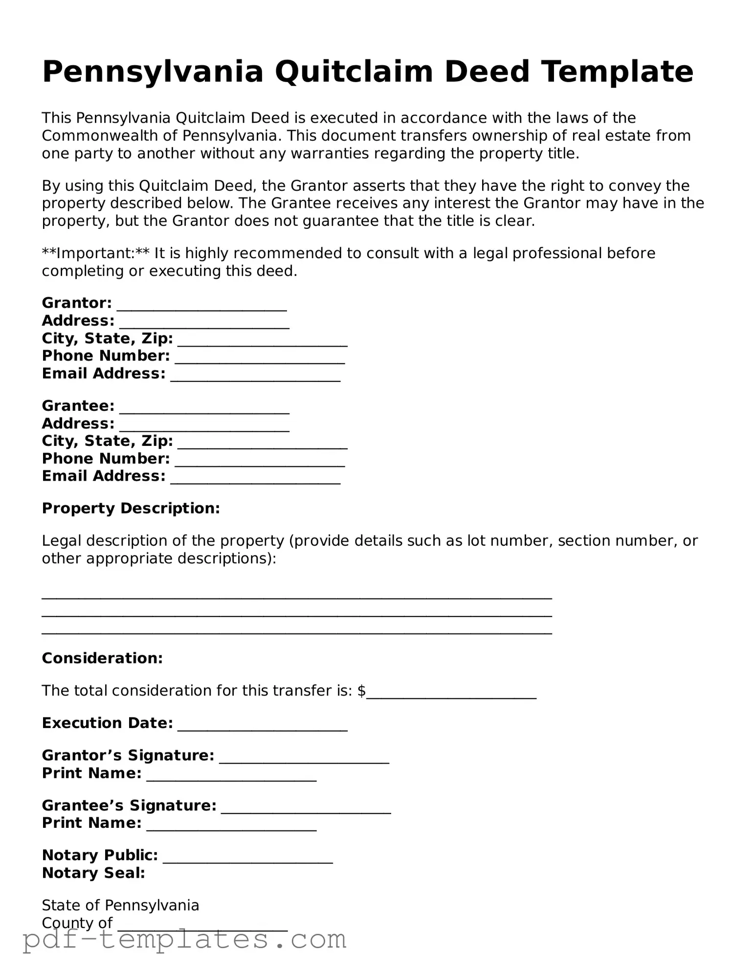 Official Quitclaim Deed Template for Pennsylvania State