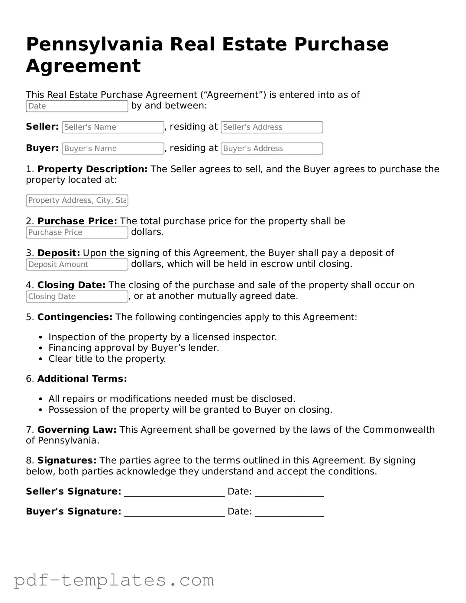 Official Real Estate Purchase Agreement Template for Pennsylvania State