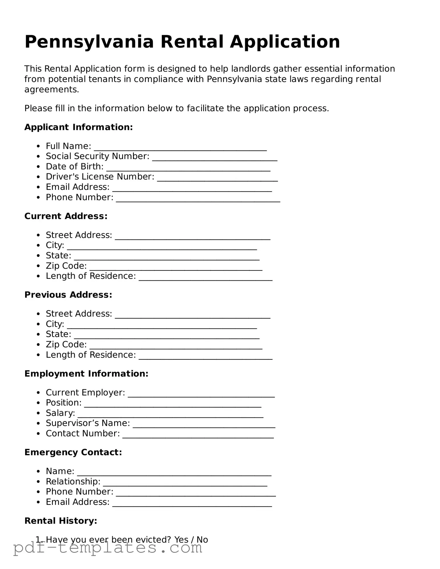 Official Rental Application Template for Pennsylvania State