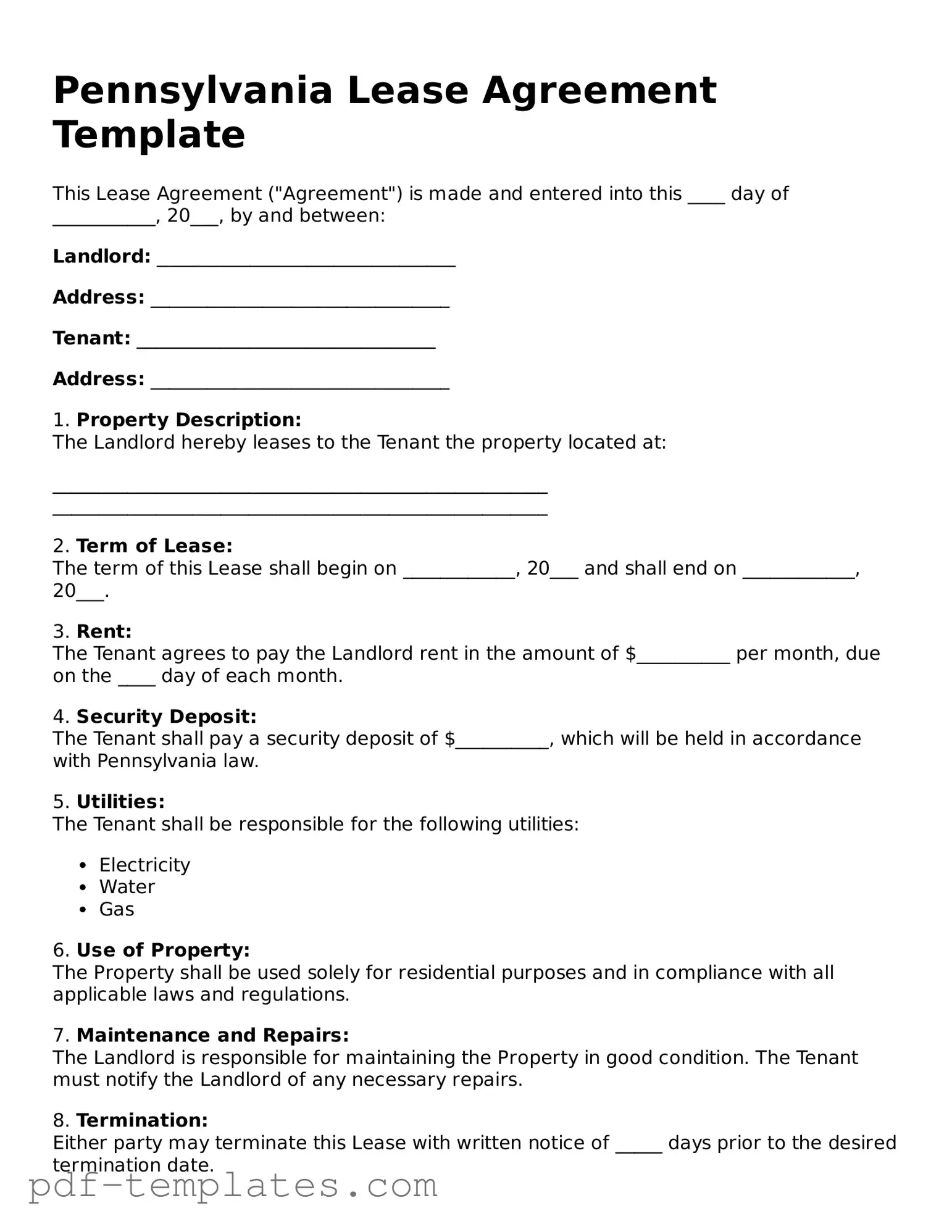 Official Lease Agreement Template for Pennsylvania State