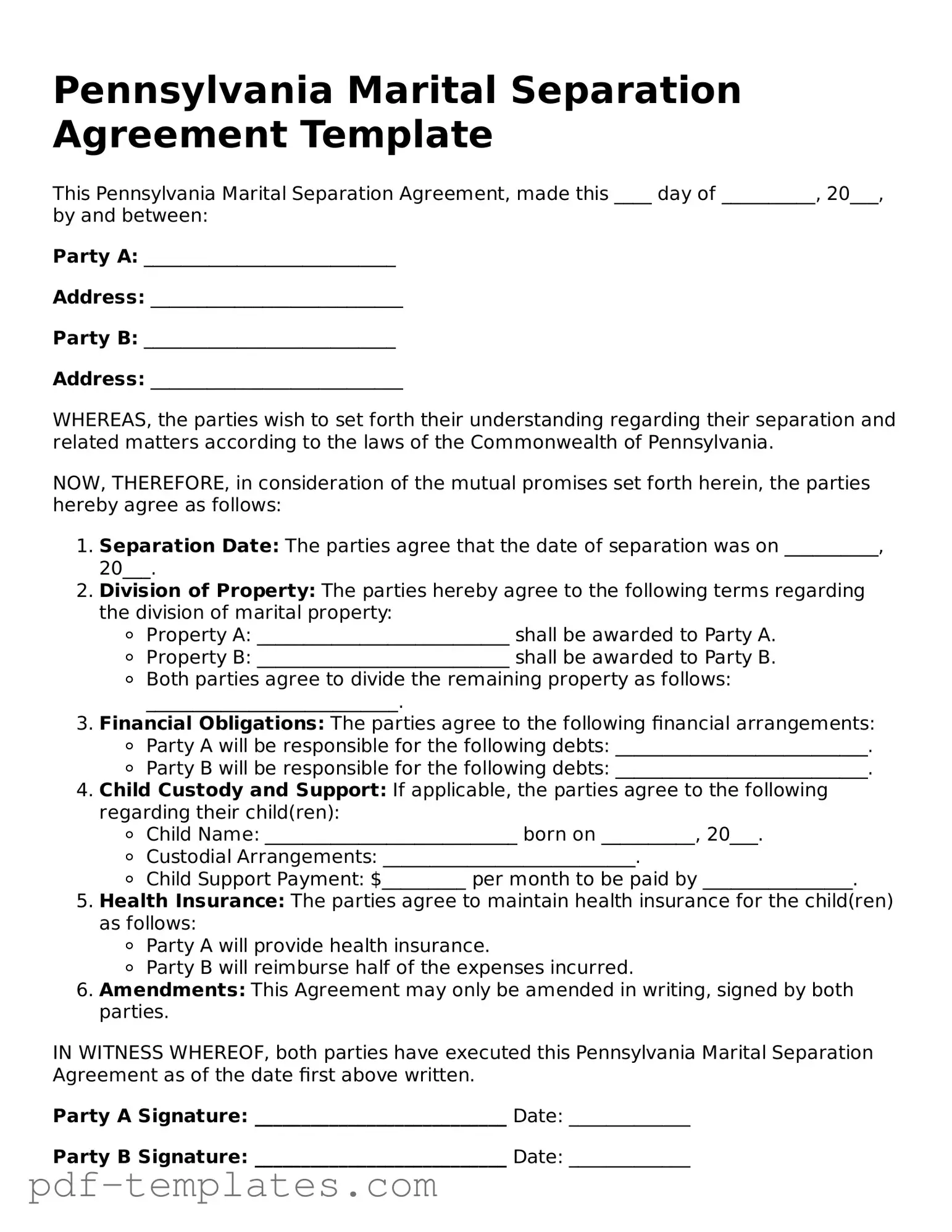 Official Marital Separation Agreement Template for Pennsylvania State