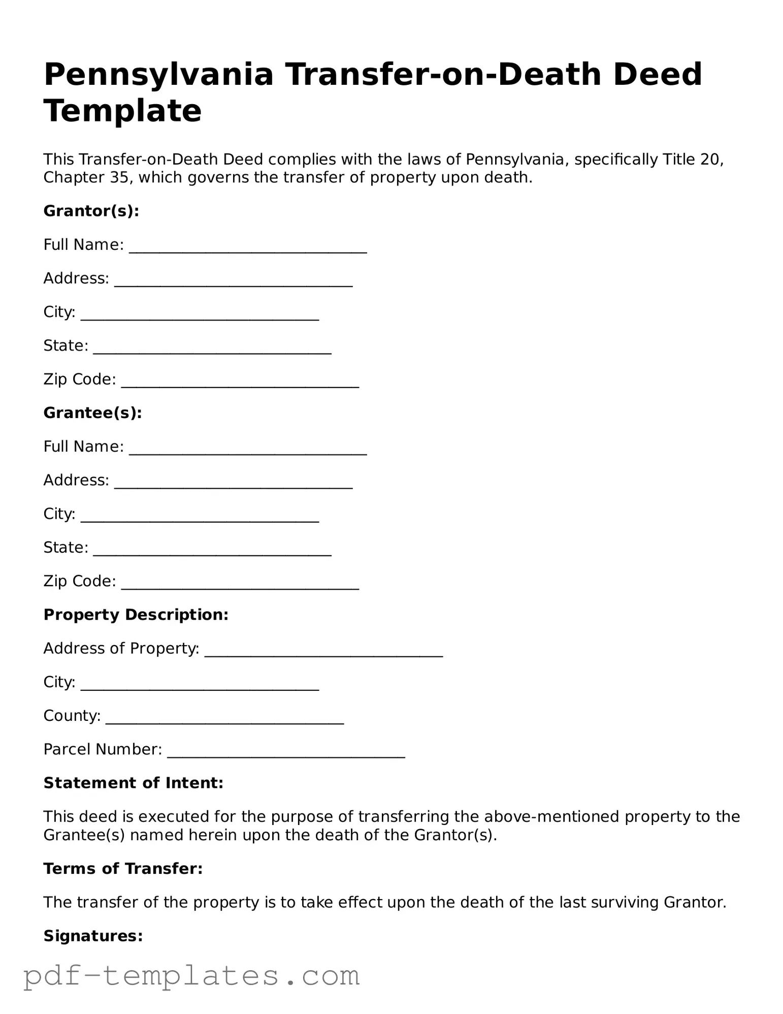 Official Transfer-on-Death Deed Template for Pennsylvania State