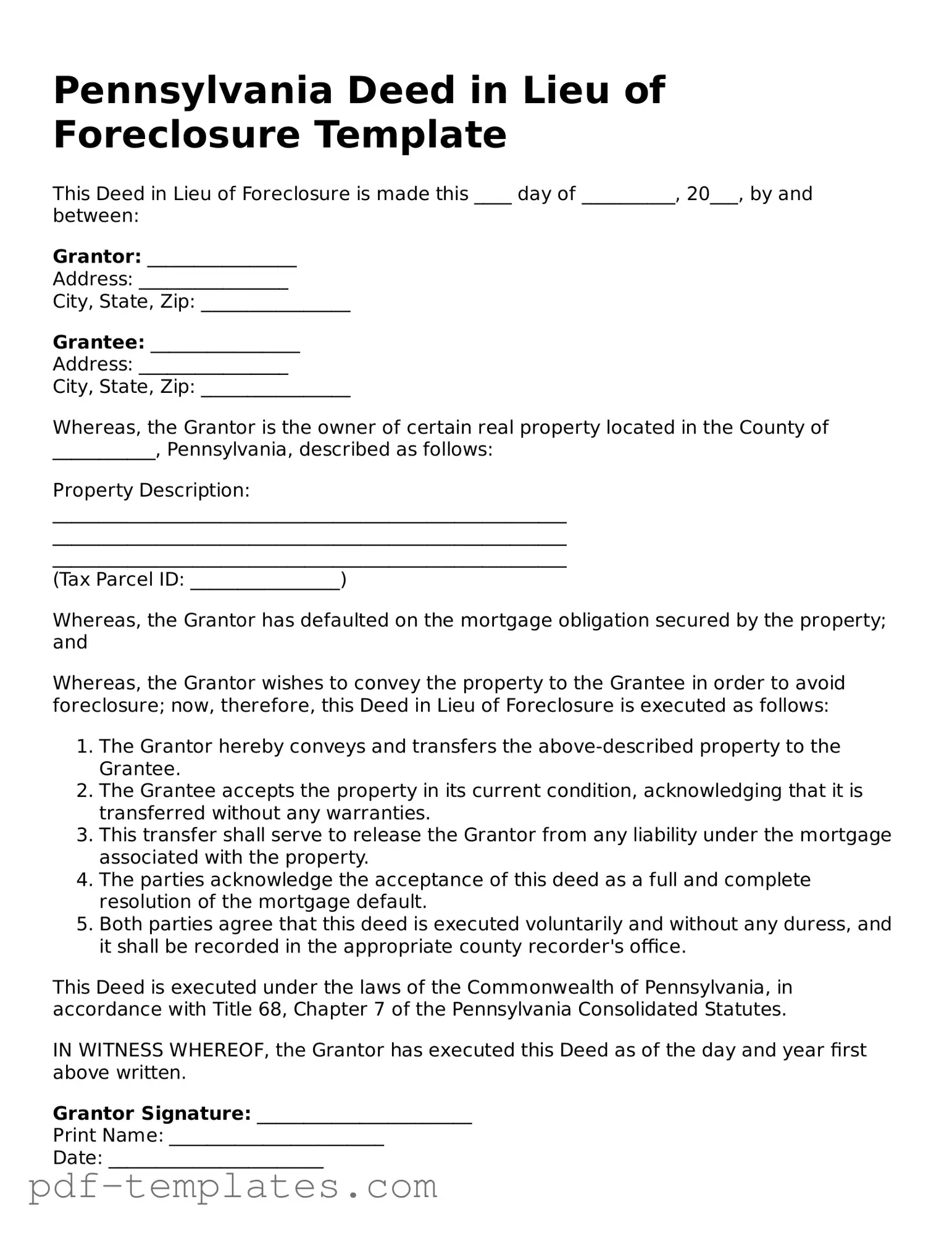 Official Deed in Lieu of Foreclosure Template for Pennsylvania State