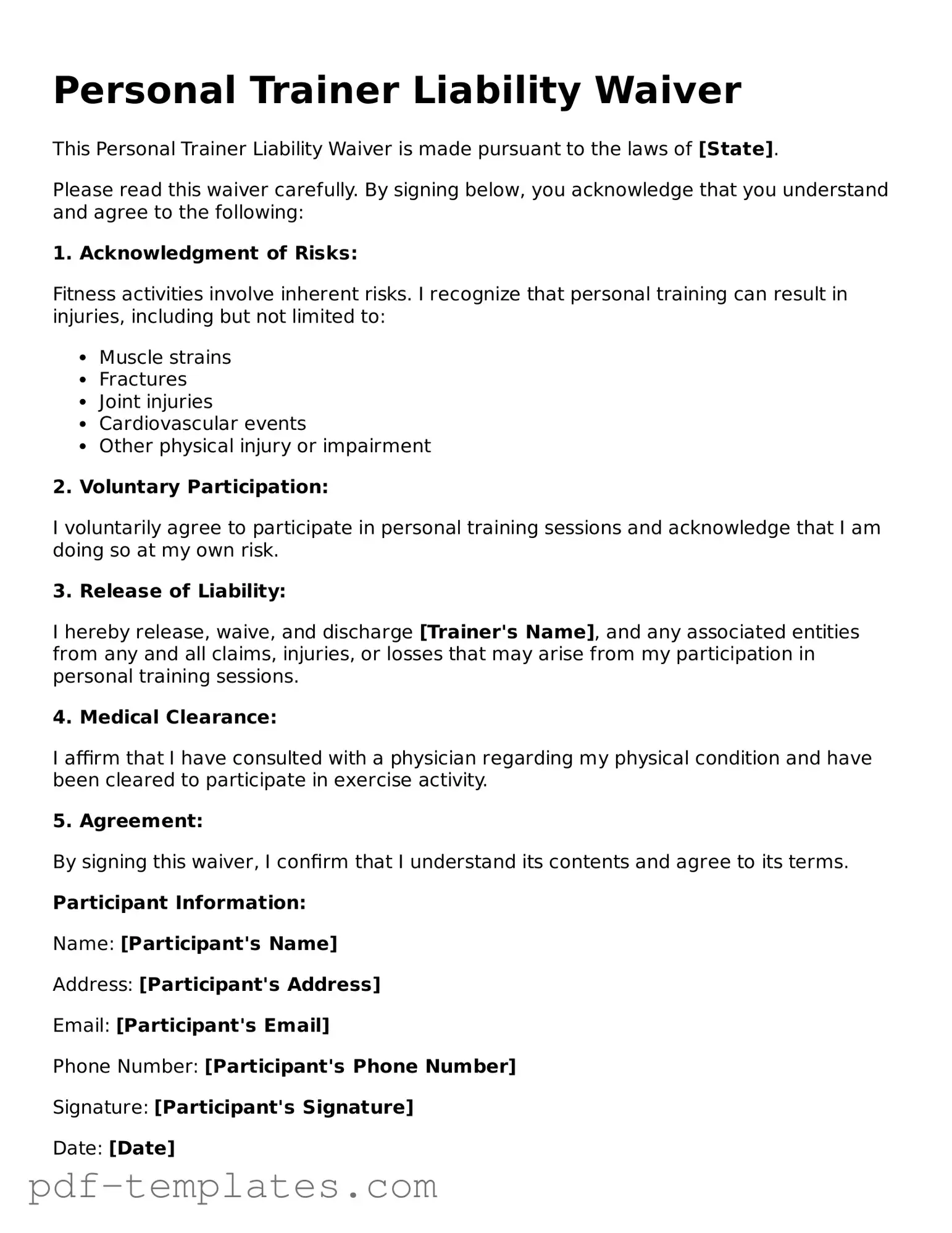 Personal Trainer Liability Waiver Document