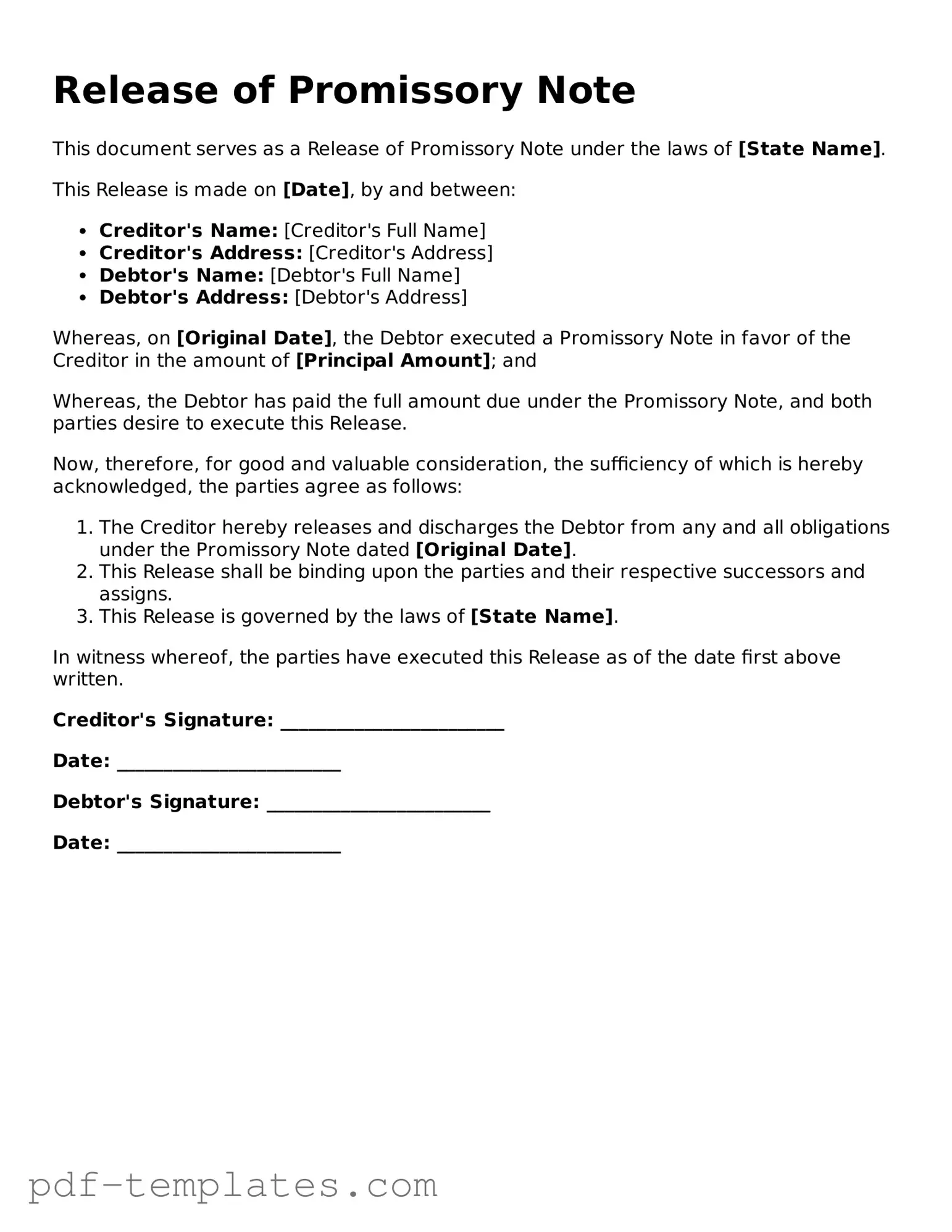 Release of Promissory Note Document