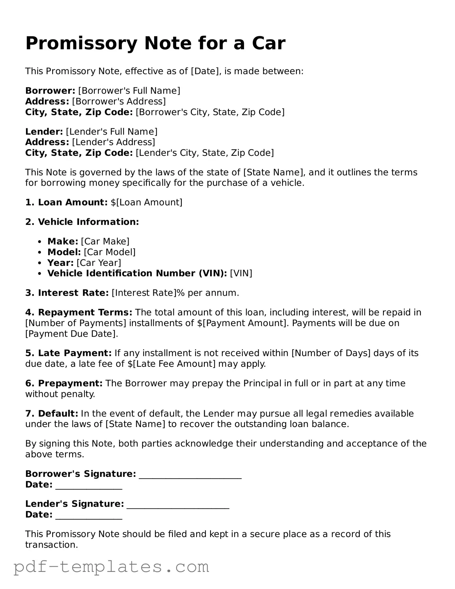 Promissory Note for a Car Document