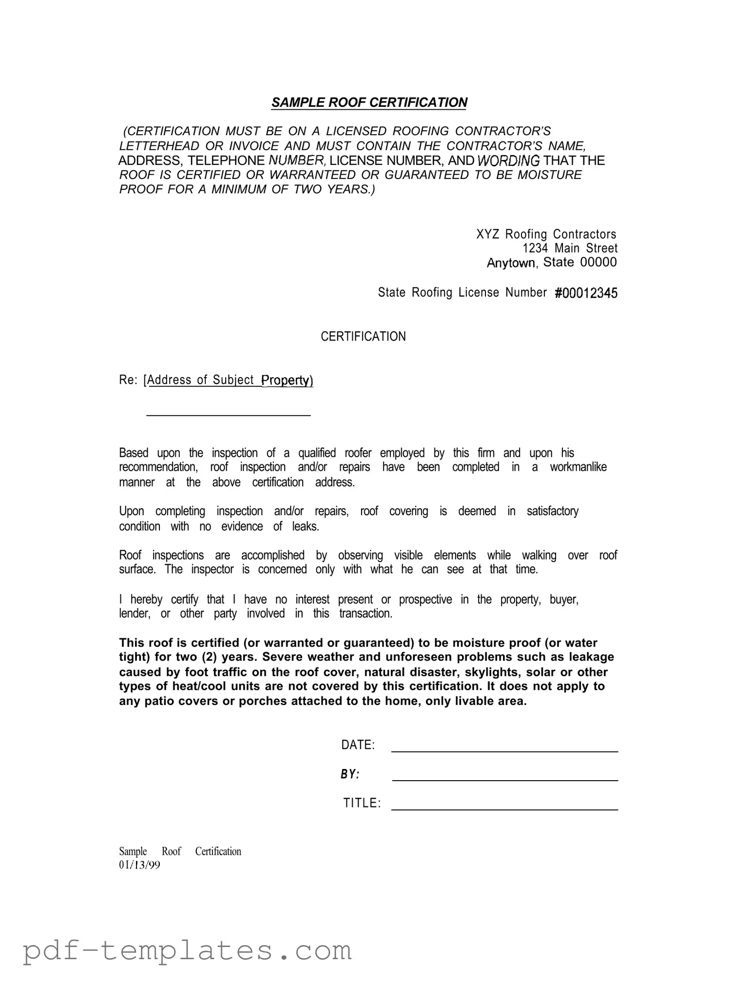 Get Sample Roof Certification Form in PDF