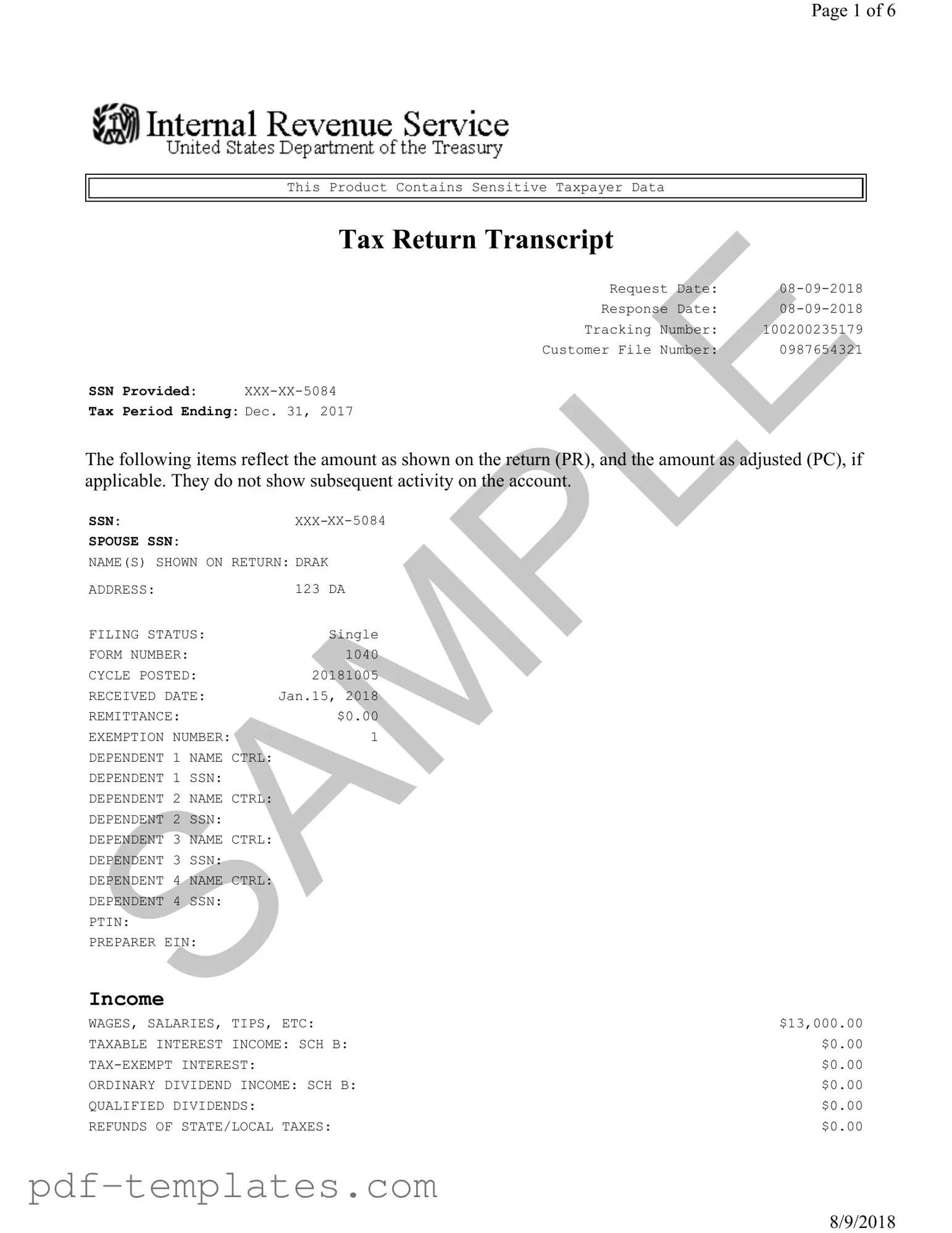 Get Sample Tax Return Transcript Form in PDF