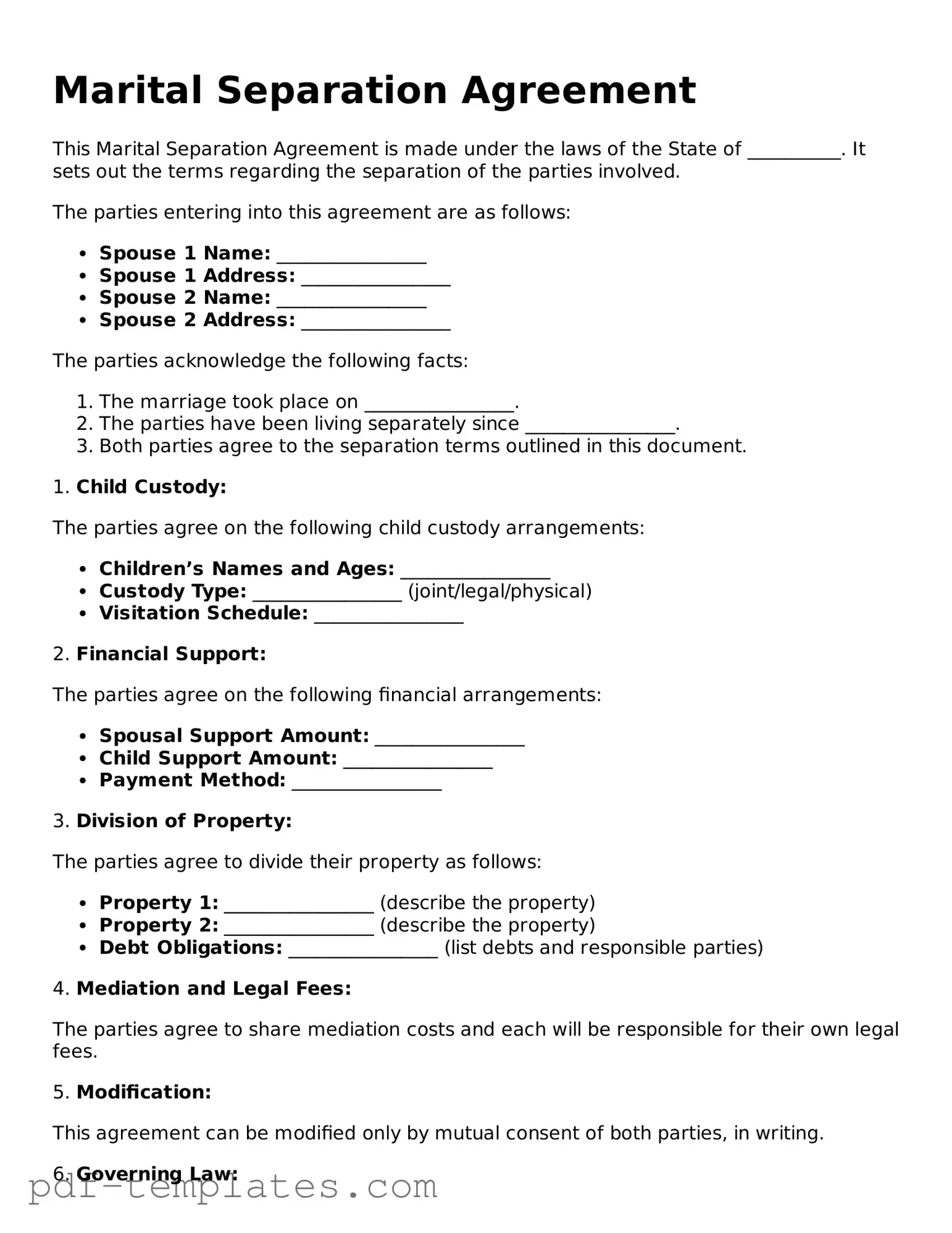 Marital Separation Agreement Document