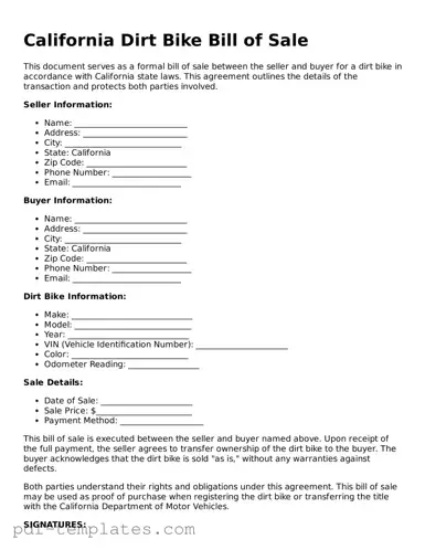 Official Dirt Bike Bill of Sale Template for California State