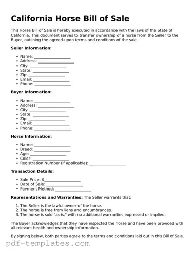 Official Horse Bill of Sale Template for California State