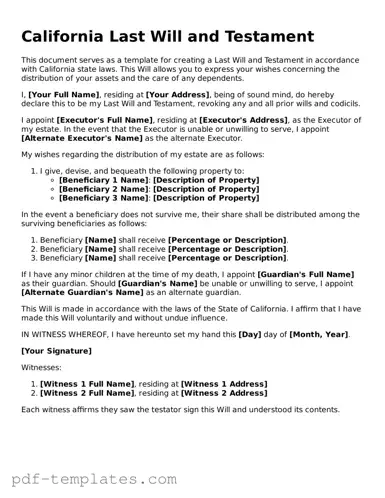 Official Last Will and Testament Template for California State
