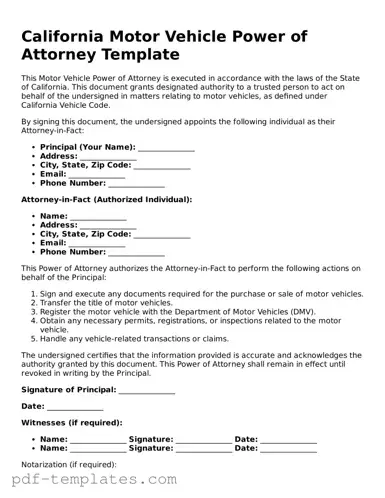 Official Motor Vehicle Power of Attorney Template for California State