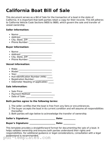 Official Boat Bill of Sale Template for California State