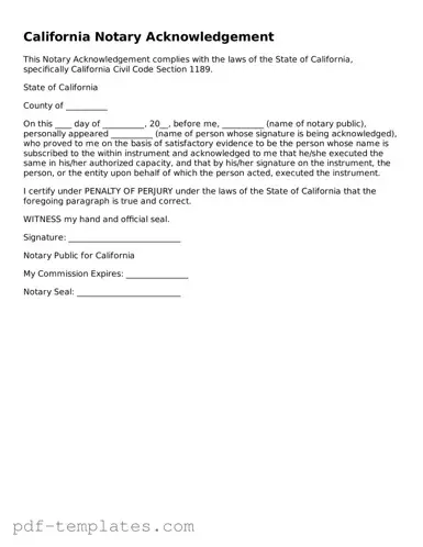 Official Notary Acknowledgement Template for California State