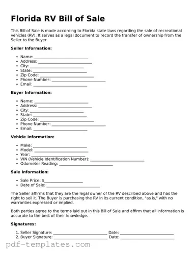 Official RV Bill of Sale Template for Florida State