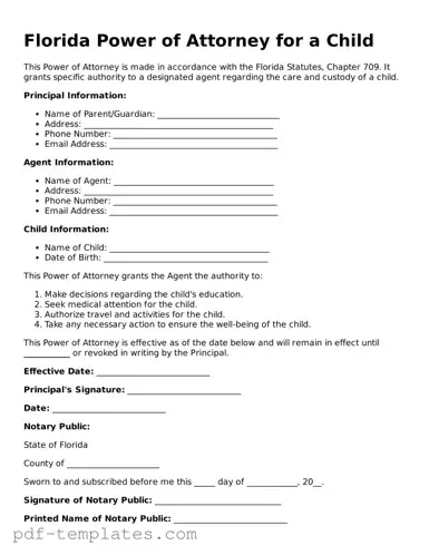 Official Power of Attorney for a Child Template for Florida State
