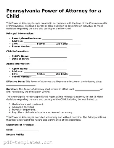 Official Power of Attorney for a Child Template for Pennsylvania State