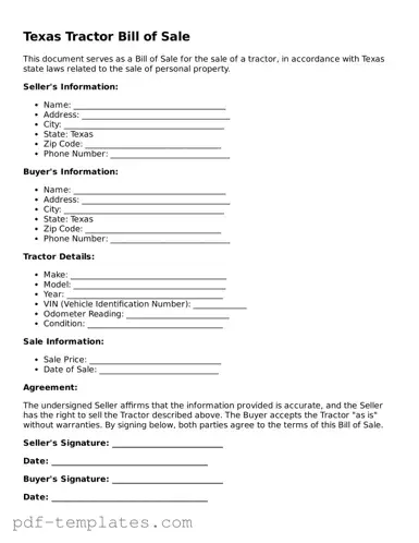 Official Tractor Bill of Sale Template for Texas State