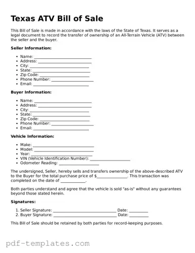 Official ATV Bill of Sale Template for Texas State