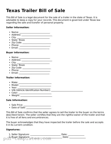 Official Trailer Bill of Sale Template for Texas State
