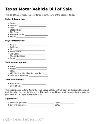 Official Motor Vehicle Bill of Sale Template for Texas State