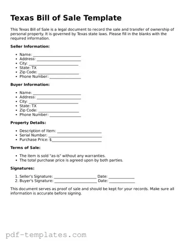 Official Bill of Sale Template for Texas State