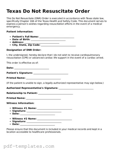 Official Do Not Resuscitate Order Template for Texas State