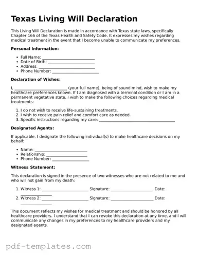 Official Living Will Template for Texas State