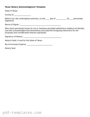 Official Notary Acknowledgement Template for Texas State