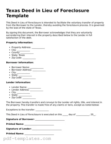 Official Deed in Lieu of Foreclosure Template for Texas State