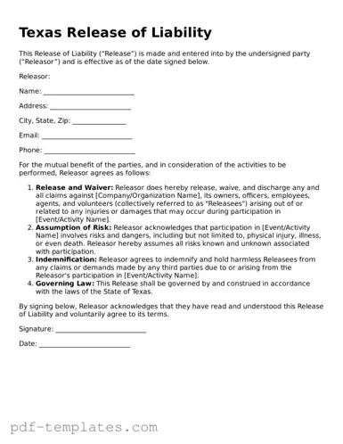 Official Release of Liability Template for Texas State