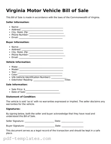 Official Motor Vehicle Bill of Sale Template for Virginia State