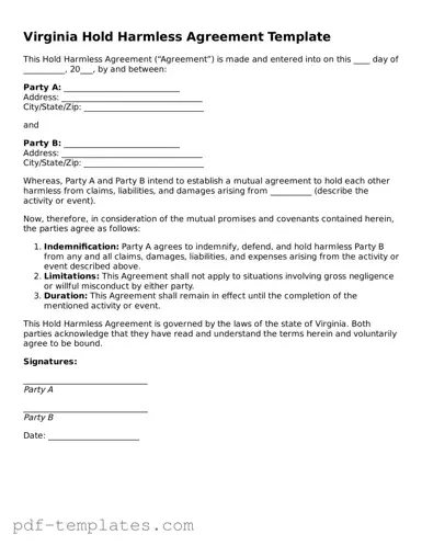 Official Hold Harmless Agreement Template for Virginia State